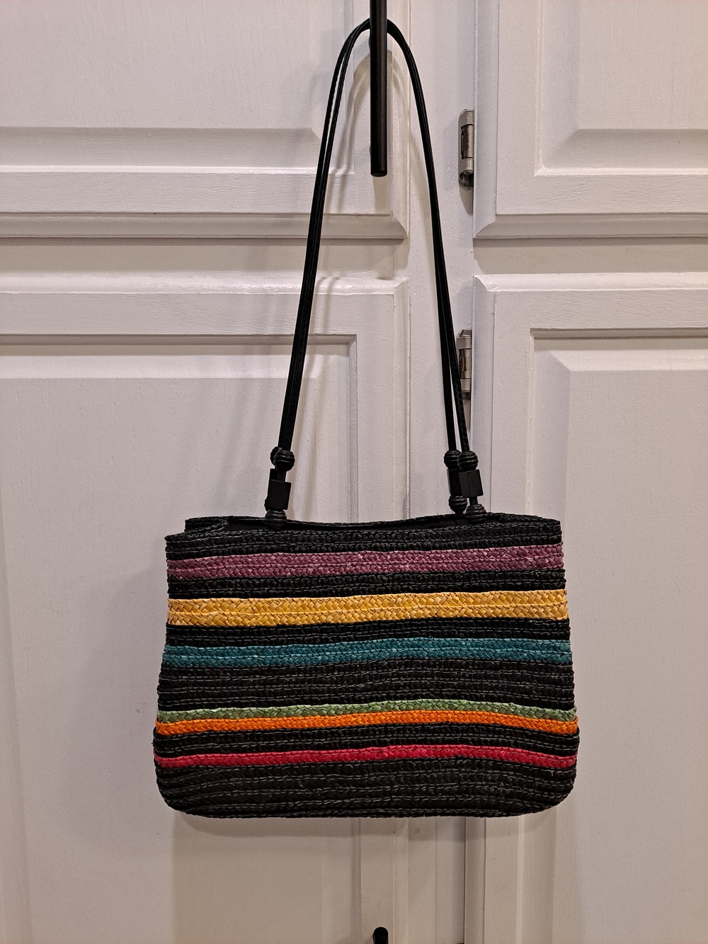 Wheat Straw Black Woven Shoulder Bag with Multicolor Stripes and Wooden Beads